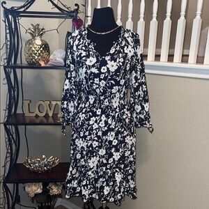 Talbots Black and White Floral Long Sleeve Dress